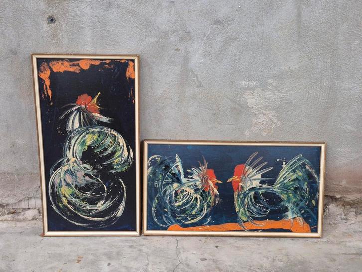 Set van 2 schilderijen met hanen jaren 60/70 ongesigneerd, Antiek en Kunst, Kunst | Schilderijen | Klassiek, Ophalen