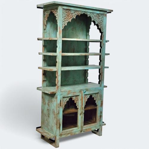 Oude Oosterse kast turquoise, vitrinekast, boekenkast, India, Huis en Inrichting, Kasten | Vitrinekasten, Zo goed als nieuw, 200 cm of meer