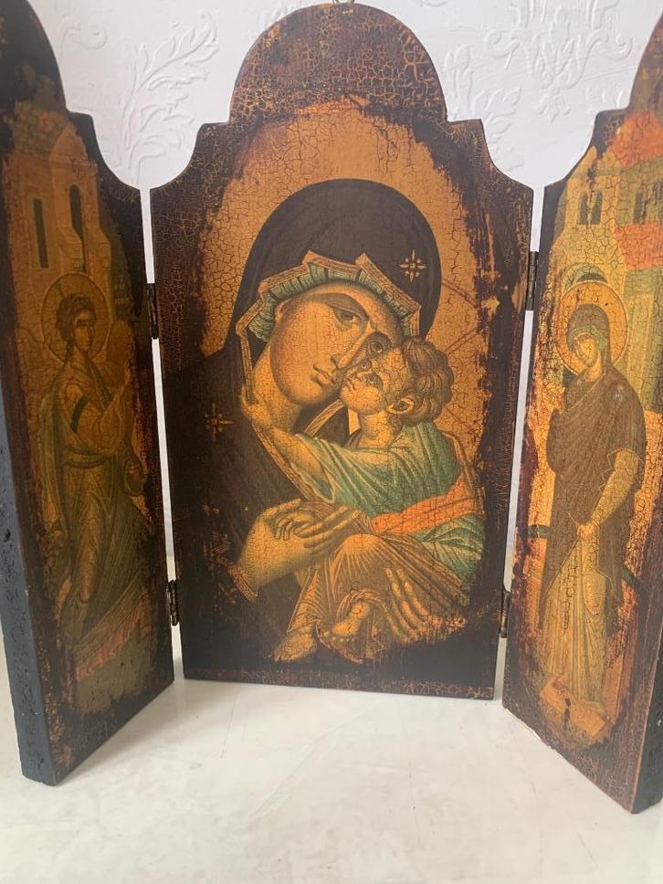 Prachtig brocante Grieks  Oost Orthodoxs drieluik, Huis en Inrichting, Woonaccessoires | Schilderijen, Tekeningen en Foto's, Zo goed als nieuw