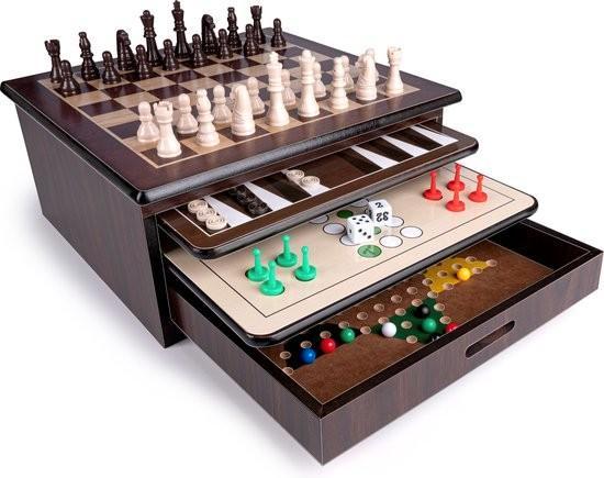 Houten Spellenbox met Meerdere Spellen, Hobby en Vrije tijd, Gezelschapsspellen | Bordspellen, Nieuw, Een of twee spelers, Drie of vier spelers