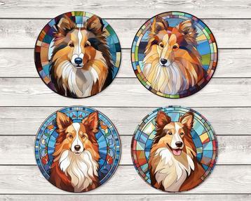 Collie Glas in Lood onderzetters met houder rond beschikbaar voor biedingen