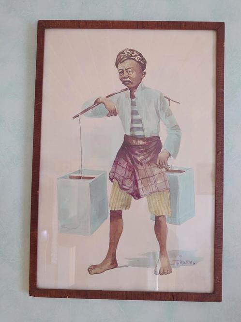 Oude aquarel/ Javaan op weg naar markt/gesig./jaren '50, Antiek en Kunst, Kunst | Schilderijen | Klassiek, Ophalen of Verzenden