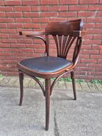 Houten cafestoel met armleuning en beklede zitting, Huis en Inrichting, Stoelen, Ophalen, Gebruikt, Bruin, Vijf, Zes of meer stoelen