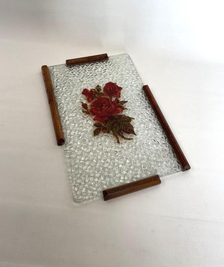 glazen dienblad, plateau + houten handgrepen Art Deco stijl, Huis en Inrichting, Woonaccessoires | Dienbladen, Gebruikt, Overige materialen