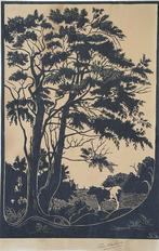 Samuel Schellink houtsnede "Gestileerd Landschap met een Koe, Ophalen