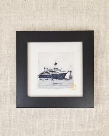 Ets SS Rotterdam 10x10 cm, zwarte houten lijst, handgemaakt beschikbaar voor biedingen