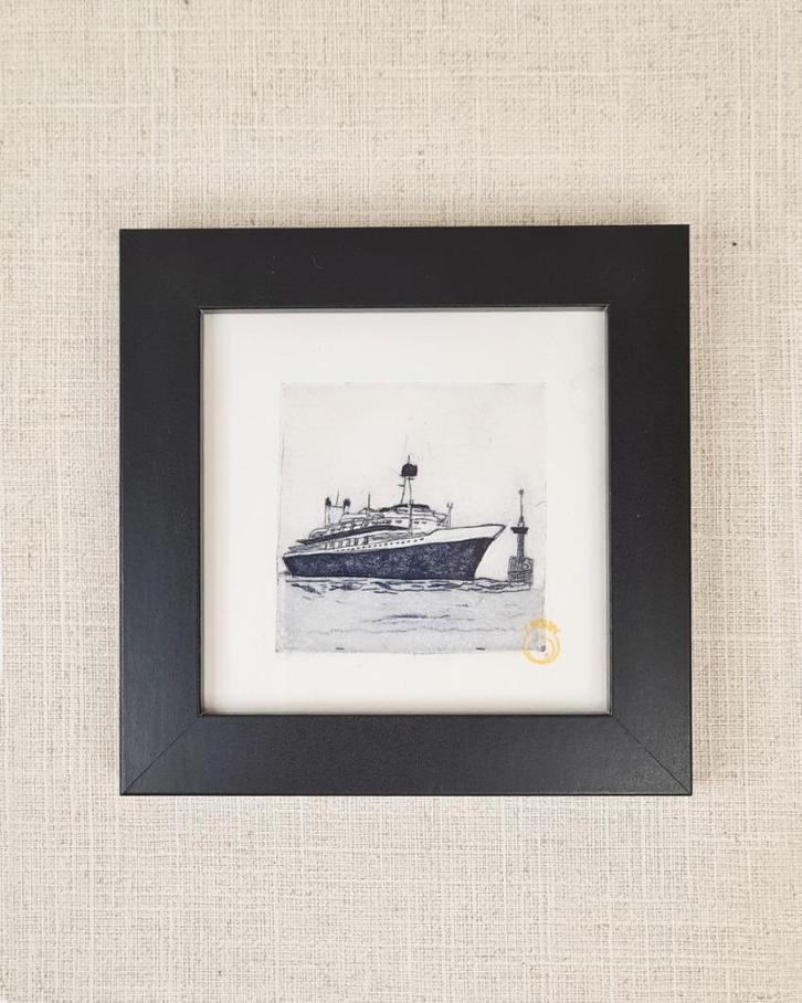 Ets SS Rotterdam 10x10 cm, zwarte houten lijst, handgemaakt, Huis en Inrichting, Woonaccessoires | Schilderijen, Tekeningen en Foto's