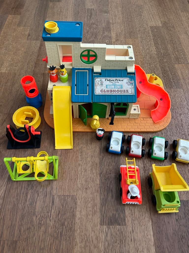 Vintage Sesamstraat Clubhouse Fischer Price + Auto's, Ophalen of Verzenden