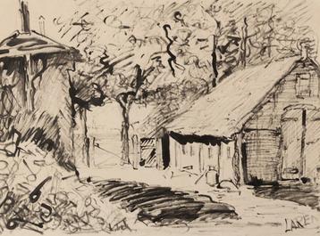 losse originele inkttekening/aquarel - 'Laren'  beschikbaar voor biedingen