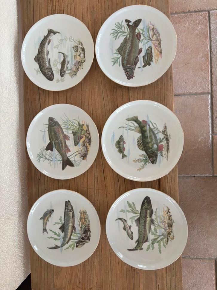 Gebaksbordjes Colditz met Vissen, Huis en Inrichting, Keuken | Servies, Gebruikt, Bord(en), Overige stijlen, Aardewerk, Ophalen of Verzenden