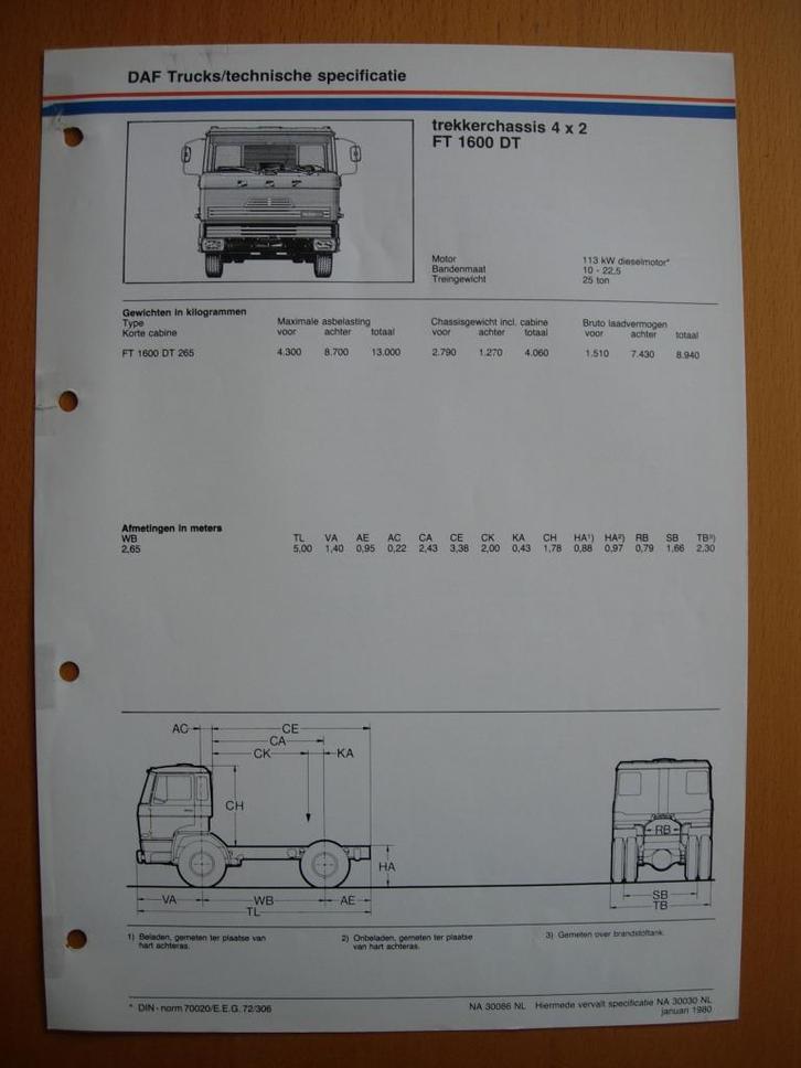 DAF FT 1600 DT Technische Specificatie Folder 1980 - 4x2, Boeken, Auto's | Folders en Tijdschriften, Zo goed als nieuw, Overige merken