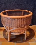 Compacte ronde salontafel, rotan, rookglas, vintage, Ophalen, 50 tot 100 cm, 50 tot 75 cm, Rond