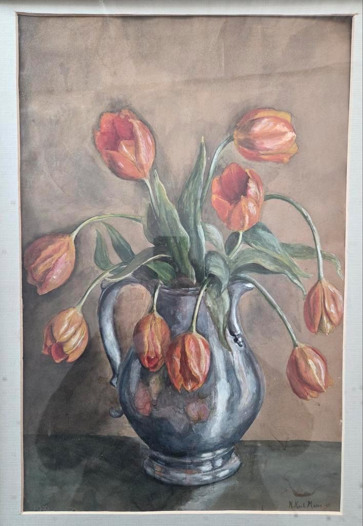 Aquarel. Gesigneerd. Tulpen in vaas. 1925., Antiek en Kunst, Kunst | Schilderijen | Klassiek, Ophalen of Verzenden