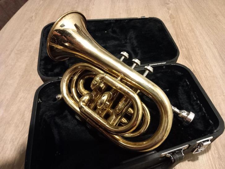 Jupiter pocket trompet in bes., Muziek en Instrumenten, Blaasinstrumenten | Trompetten, Gebruikt, Bes-trompet, Met koffer, Ophalen of Verzenden