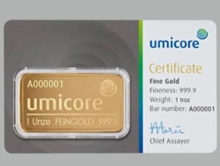Goud Umicore losse goudstaven, Goud gecertificeerd, verpakt, Postzegels en Munten, Edelmetalen en Baren, Goud, Ophalen of Verzenden