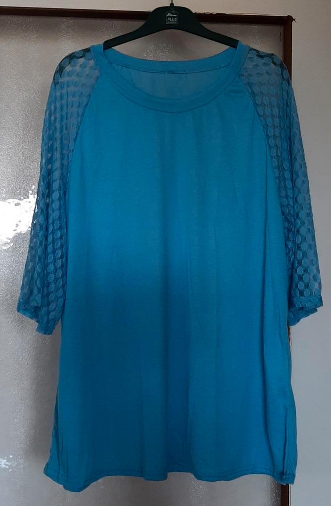 Mooi lichtblauw shirt met korte opengewerkte mouw. Mt. 50!, Kleding | Dames, T-shirts, Nieuw, Blauw, Korte mouw, Verzenden