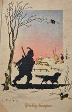 Oude Prentkaart wenskaart silhouet jager hond roodborstjes, Ophalen of Verzenden, 1940 tot 1960, Gelopen, Natuur