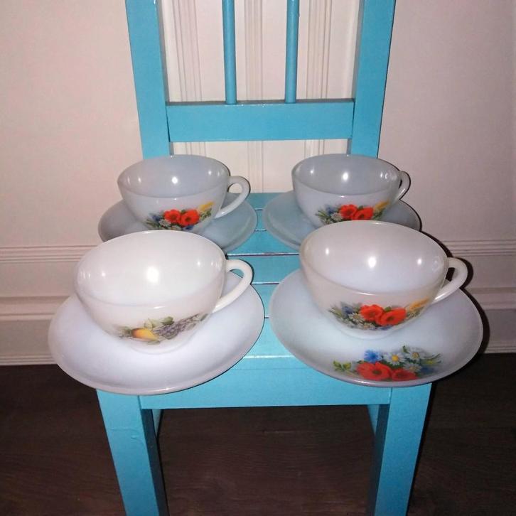 Arcopal France kop en schotels 4 stuks Fleurs en Fruits, Huis en Inrichting, Keuken | Servies, Gebruikt, Kop(pen) en/of Schotel(s)