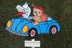 Geboortebord baby en ooievaar in blauwe auto., Ophalen, Nieuw, Geboortebord
