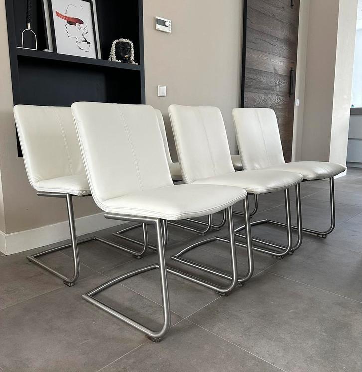 4/6 crème leder Henders & Hazel design stoel rvs frame, Huis en Inrichting, Stoelen, Zo goed als nieuw, Vijf, Zes of meer stoelen