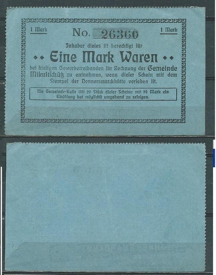 Oberschlesien Mikultschütz 1 Mark Noodgeld Biljet r-149 jdu, Postzegels en Munten, Bankbiljetten | Europa | Niet-Eurobiljetten