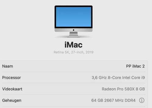 iMac (2019) 27" 5k, 3,6 Ghz 8 core i9, 512 SSD, 64GB Ram, Computers en Software, Apple Desktops, Zo goed als nieuw, iMac, SSD