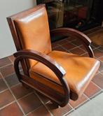 Vintage Art Deco Stoel - Leder & Tropisch Hout, Huis en Inrichting, Ophalen of Verzenden, Gebruikt, Hout