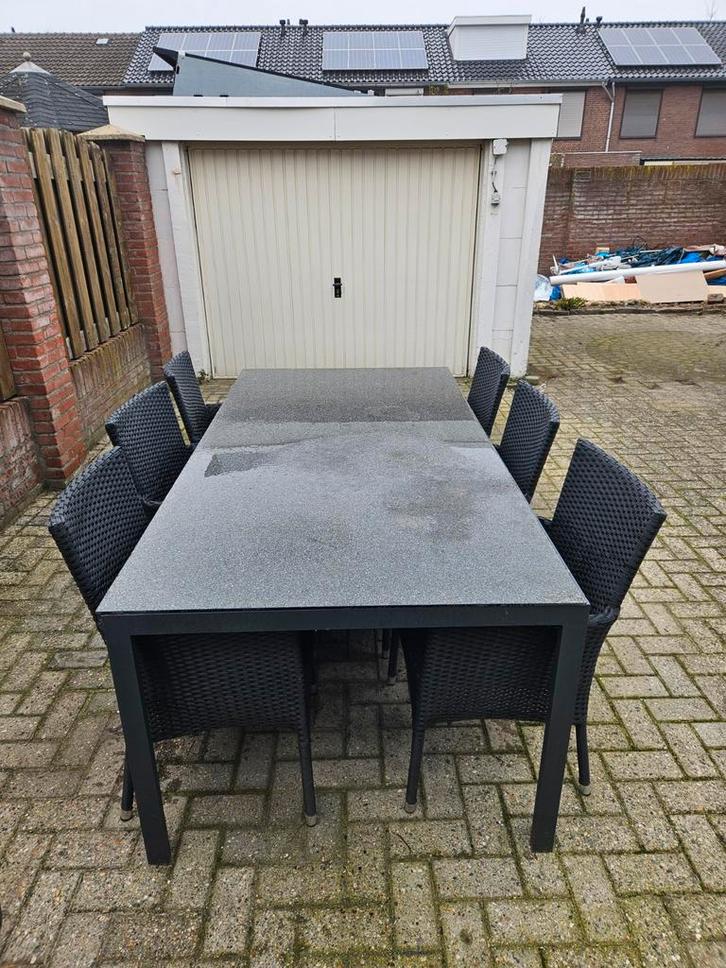Tuinset met glazen plaat en kunststof stoelen, Tuin en Terras, Tuinsets en Loungesets, Gebruikt, Tuinset, Kunststof, 6 zitplaatsen