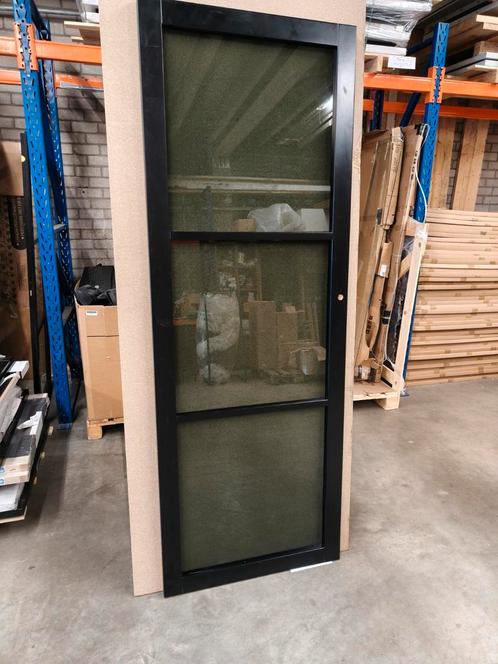 Nieuwe zwarte staal look binnendeur met 3 ramen smoke glas, Doe-het-zelf en Verbouw, Deuren en Horren, Nieuw, Binnendeur, 215 cm of meer