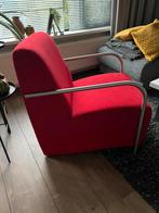 Mooie moderne rode fauteuil met matte rvs leuningen, Ophalen, Zo goed als nieuw, Minder dan 75 cm, 50 tot 75 cm