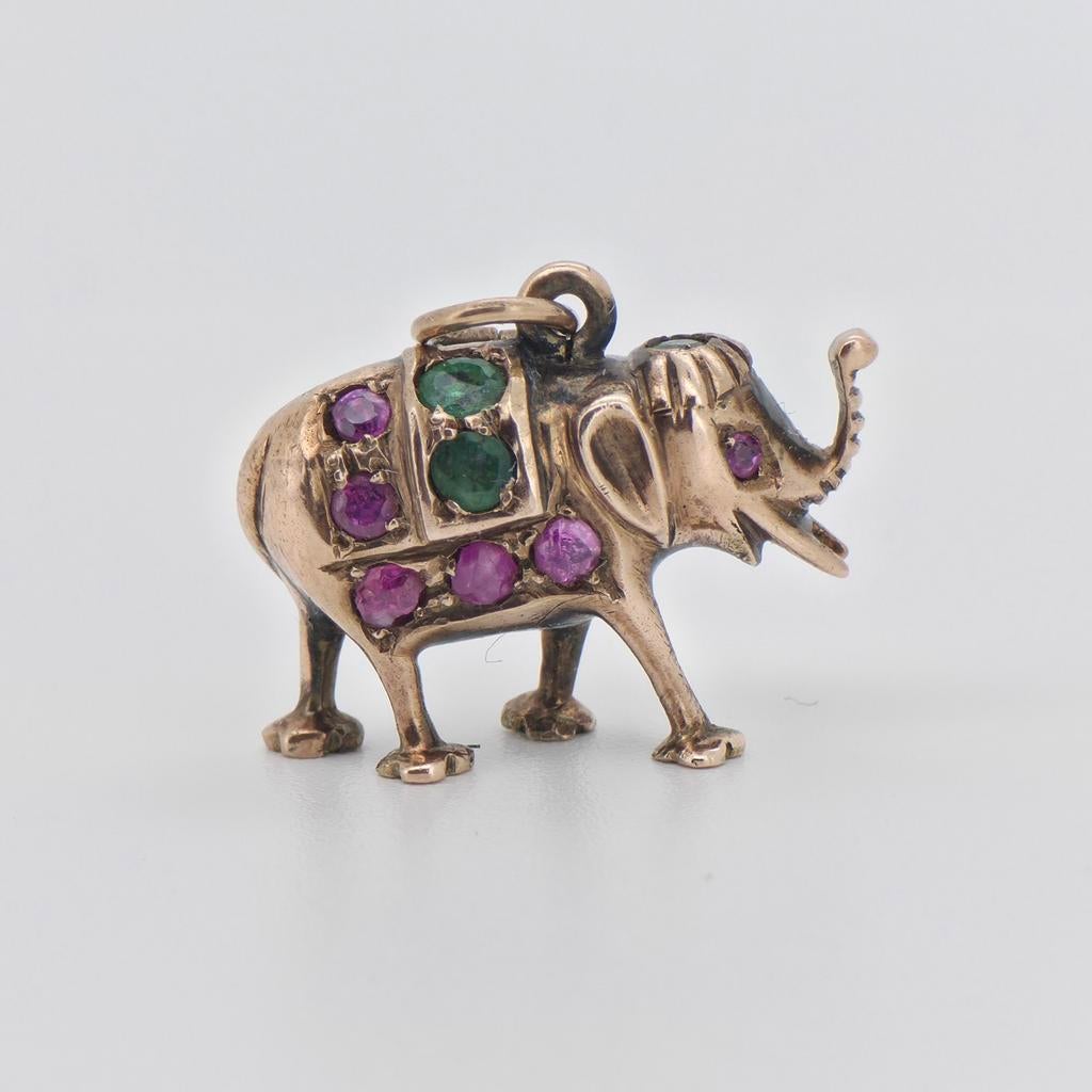 Gouden Hanger 14k Geluks Olifant met Robijnen & Smaragden, Ophalen of Verzenden, Zo goed als nieuw, Met edelsteen, Goud