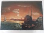 Schilderij van een havenstad bij zonsondergang, Antiek en Kunst, Ophalen of Verzenden