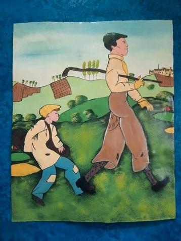 Naïef schilderij: Golfer met Caddy beschikbaar voor biedingen