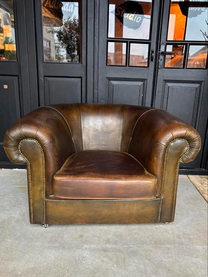 Stoere Vintage Clubfauteuil Leer, Huis en Inrichting, Fauteuils, Gebruikt, Leer, 75 tot 100 cm, 75 tot 100 cm, Ophalen of Verzenden