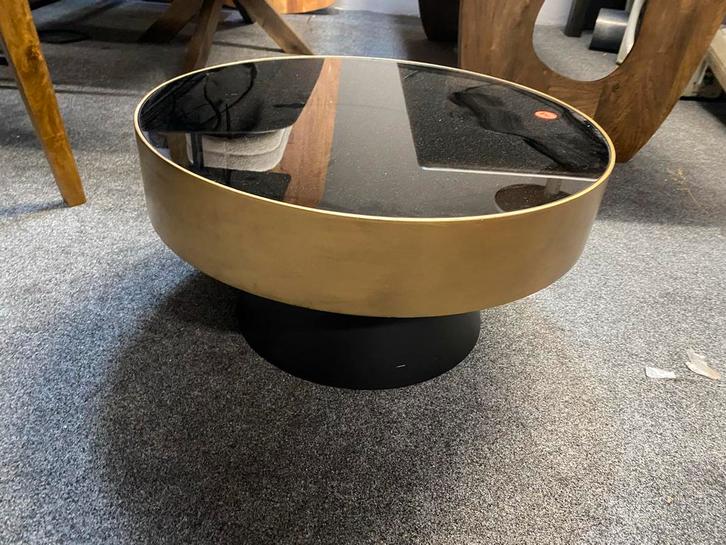 Salontafel metaal goud met zwart glas 75cm, Huis en Inrichting, Tafels | Salontafels, Nieuw, Minder dan 50 cm, 50 tot 100 cm, Rond