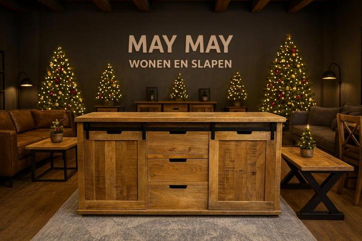 Dressoir 175cm 2 schuifdeuren 3-lades mango Direct/leverbaar, Huis en Inrichting, Kasten | Dressoirs, Nieuw, 150 tot 200 cm, 25 tot 50 cm