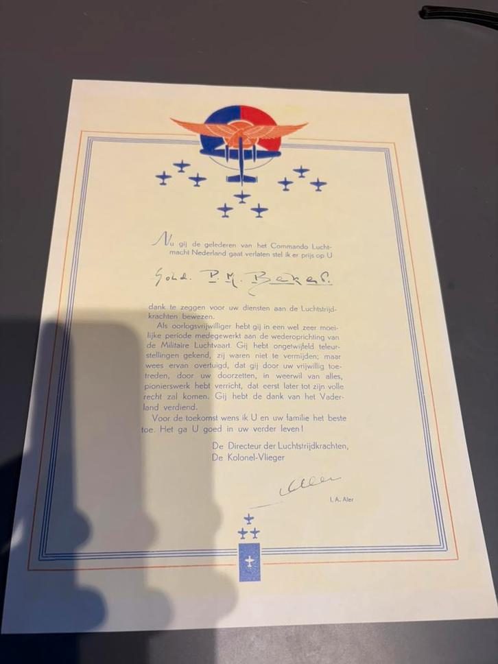 oorkonde of dankbetuiging van Commando Luchtmacht Nederland, Verzamelen, Militaria | Algemeen, Landmacht, Boek of Tijdschrift
