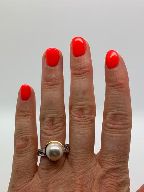 X714 Prachtige zilveren ring goudkleur parel maat 19, Sieraden, Tassen en Uiterlijk, Ringen, Dame, 19 tot 20, Goud, Zilver, Met parel