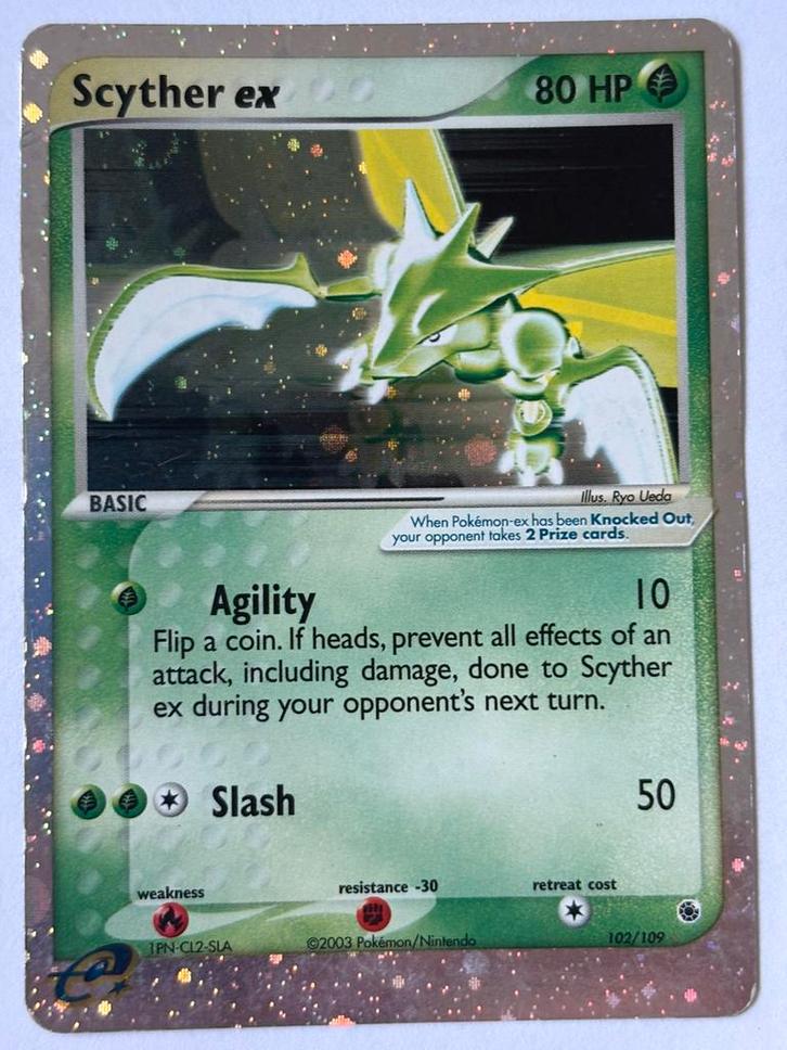 Scyther ex 102/109, Hobby en Vrije tijd, Verzamelkaartspellen | Pokémon, Zo goed als nieuw, Losse kaart, Ophalen of Verzenden