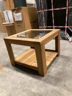 hoektafel salontafel massief eiken met glas 60 bij 60cm, Glas, 50 tot 100 cm, Vierkant, Zo goed als nieuw