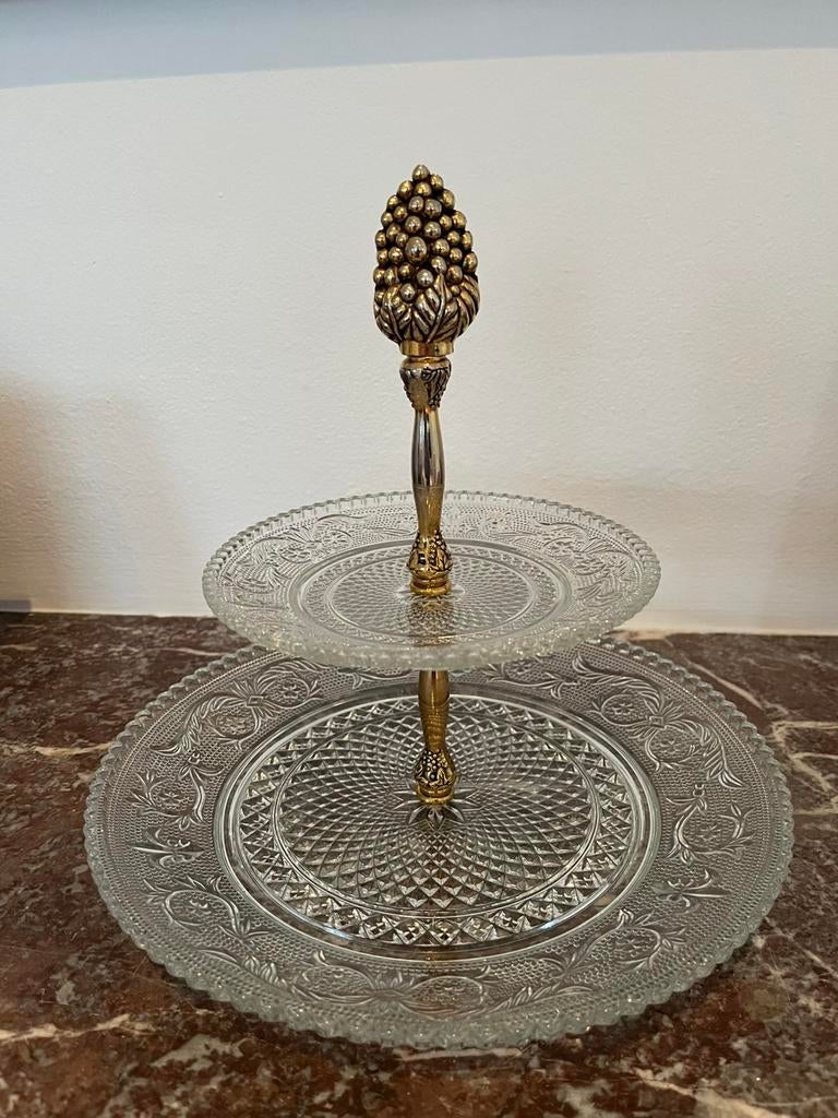 Chique vintage etagere van glas met goudkleurig druifje, Ophalen, Zo goed als nieuw