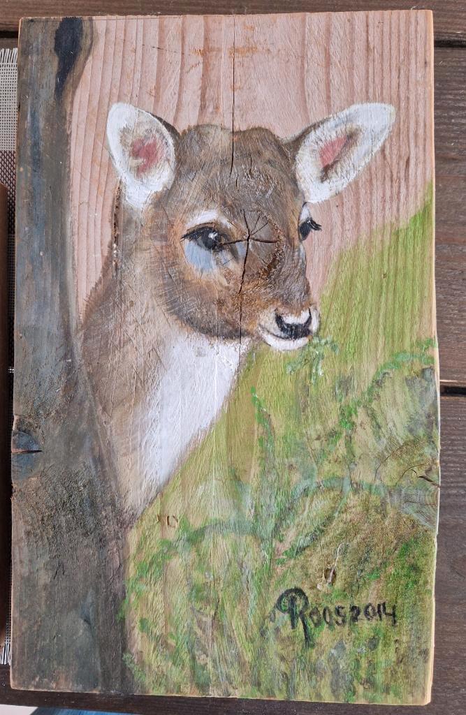 Hert achter boomstam - Roos 2014, Antiek en Kunst, Kunst | Schilderijen | Klassiek, Ophalen of Verzenden