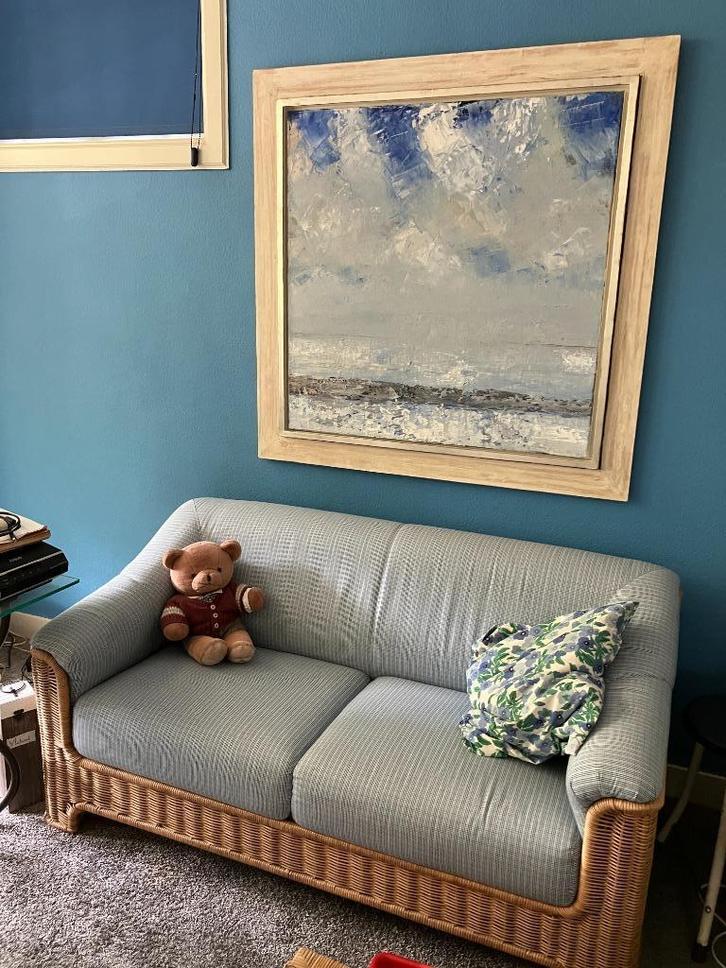 Mooi bekleed rieten bankje, Huis en Inrichting, Fauteuils, Gebruikt, Riet of Rotan, Stof, Minder dan 50 cm, 75 tot 100 cm, Ophalen