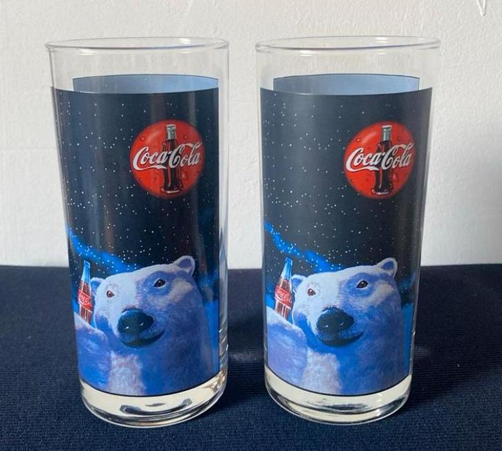 2 Coca-Cola glazen afbeelding ijsbeer met flesje. H.14,5. cm, Verzamelen, Glas en Borrelglaasjes, Zo goed als nieuw, Frisdrankglas
