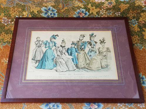 Mooie zeldzame antieke ingelijste mode gravure uit Frankrijk, Antiek en Kunst, Kunst | Etsen en Gravures, Ophalen of Verzenden