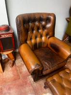 Chesterfield Stoel met Voetenbankje, Huis en Inrichting, Fauteuils, Ophalen, Gebruikt, Leer, 75 tot 100 cm