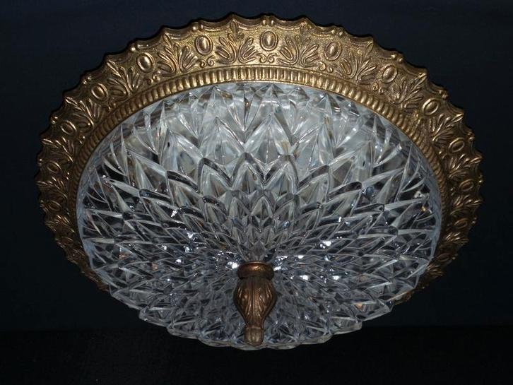 Grote oude plafonniere met kristallen glaskap., Huis en Inrichting, Lampen | Plafondlampen, Gebruikt, Ophalen