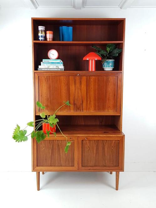 Vintage Deense wandkast | boeken | klep | palissander kast, Huis en Inrichting, Kasten | Wandmeubels, Minder dan 150 cm, 25 tot 50 cm