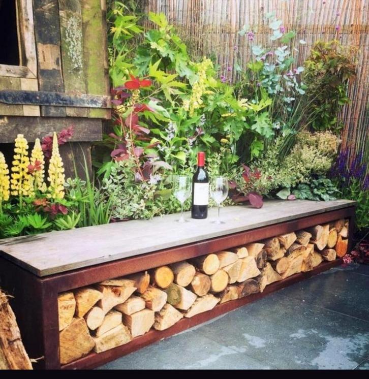 Cortenstaal bankje/ houtopslag, Tuin en Terras, Tuinbanken, Zo goed als nieuw, Metaal, Ophalen