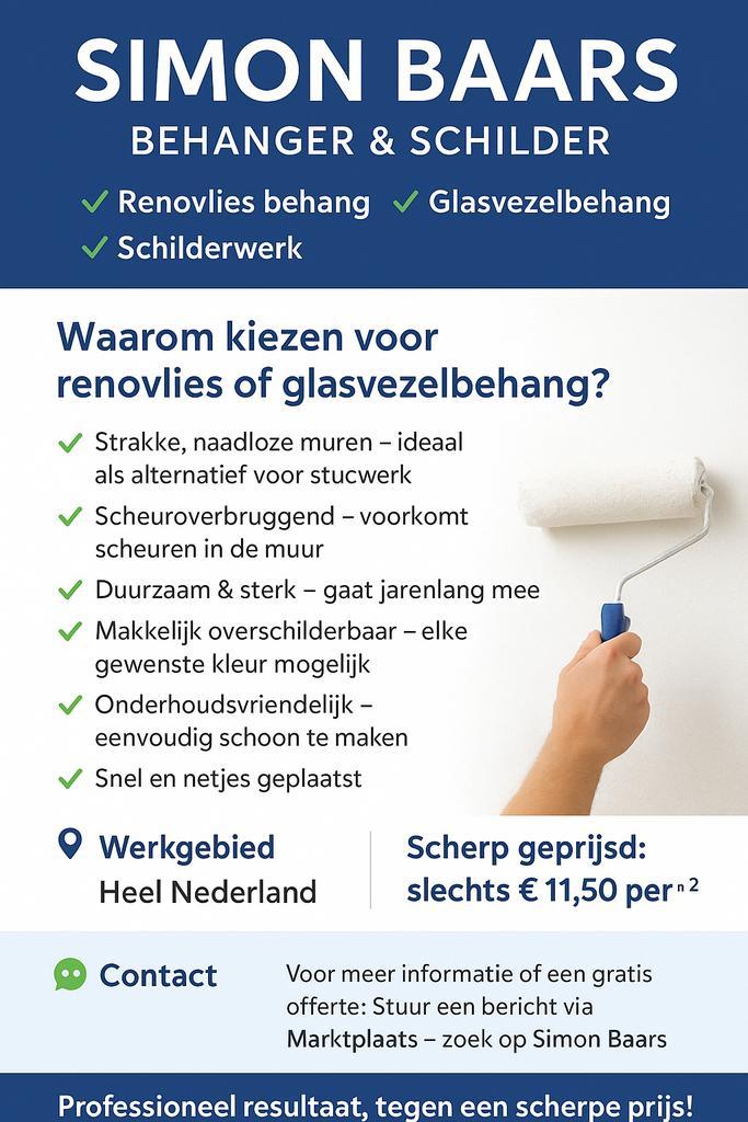 SimonBaars Renovlies&Glasvezelbehang Vakwerk voor elk budget, Diensten en Vakmensen, Schilders en Behangers, Behangen, Binnenschilderwerk